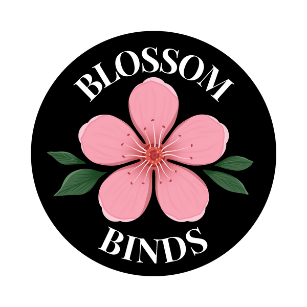 Logo with a pink flower and 'Blossom Binds' text on a black background
