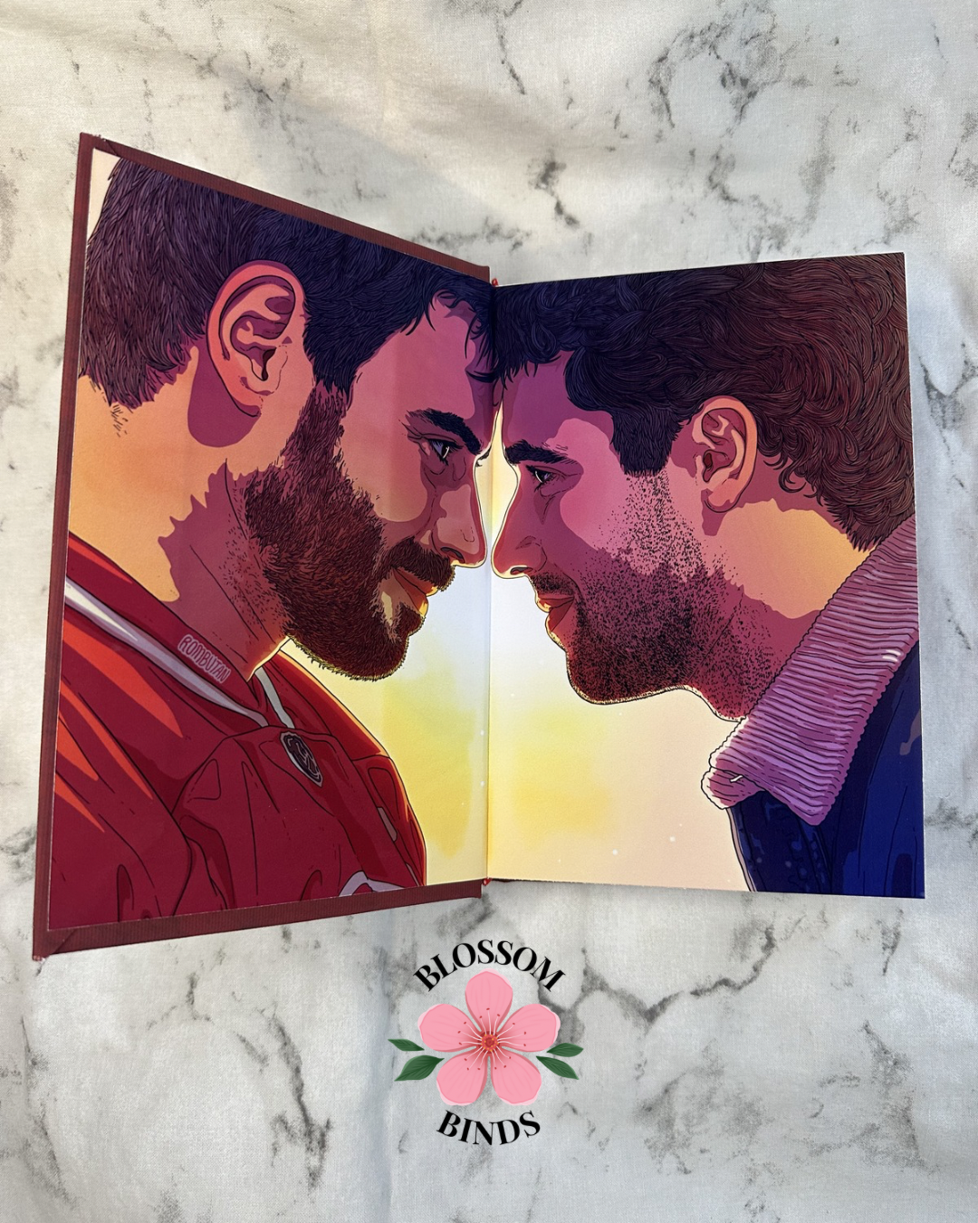 Illustration of two men facing each other with 'Blossom Binds' logo below on a marble background