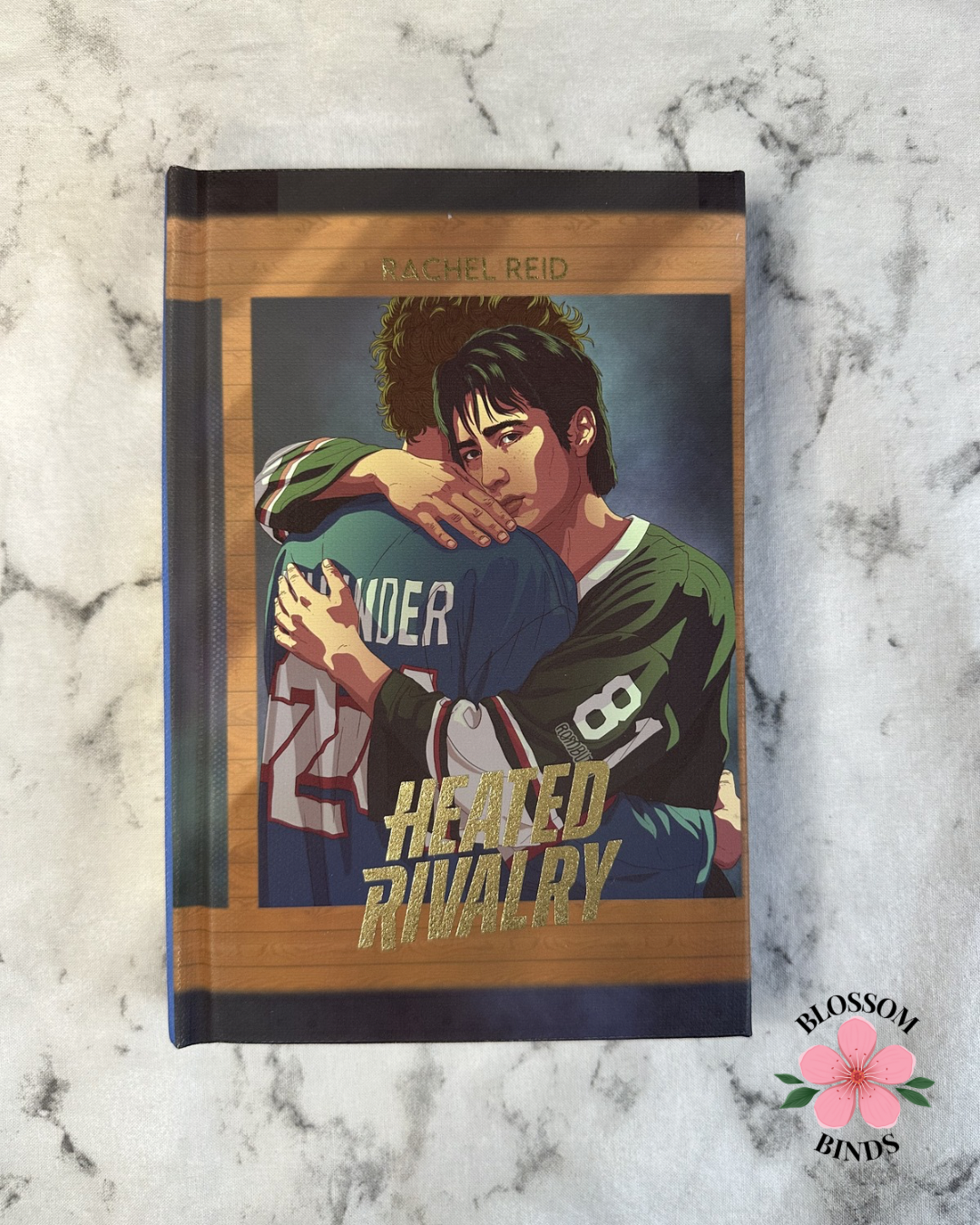 Book cover with illustration of two people hugging, titled 'Healed Rivalry', on a marble surface.